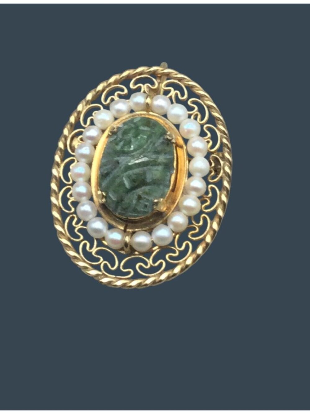 Winard Brooch 1/20 12KGF Scarab Jade Seed Pearl Filigree Pin Pendant Vintage - Picture 2 of 6